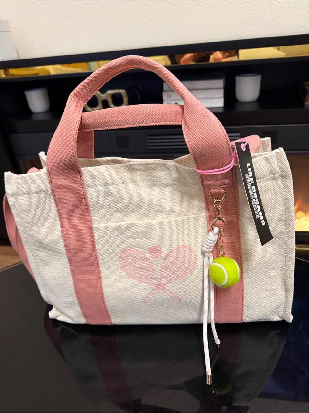 Canvas Tote Bag with Pink Accents and Tennis Charm